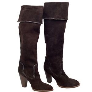 Michael Kors Dark Brown Suede Whipstitch Tall Cuffed Block Heel Boots Size 8.5